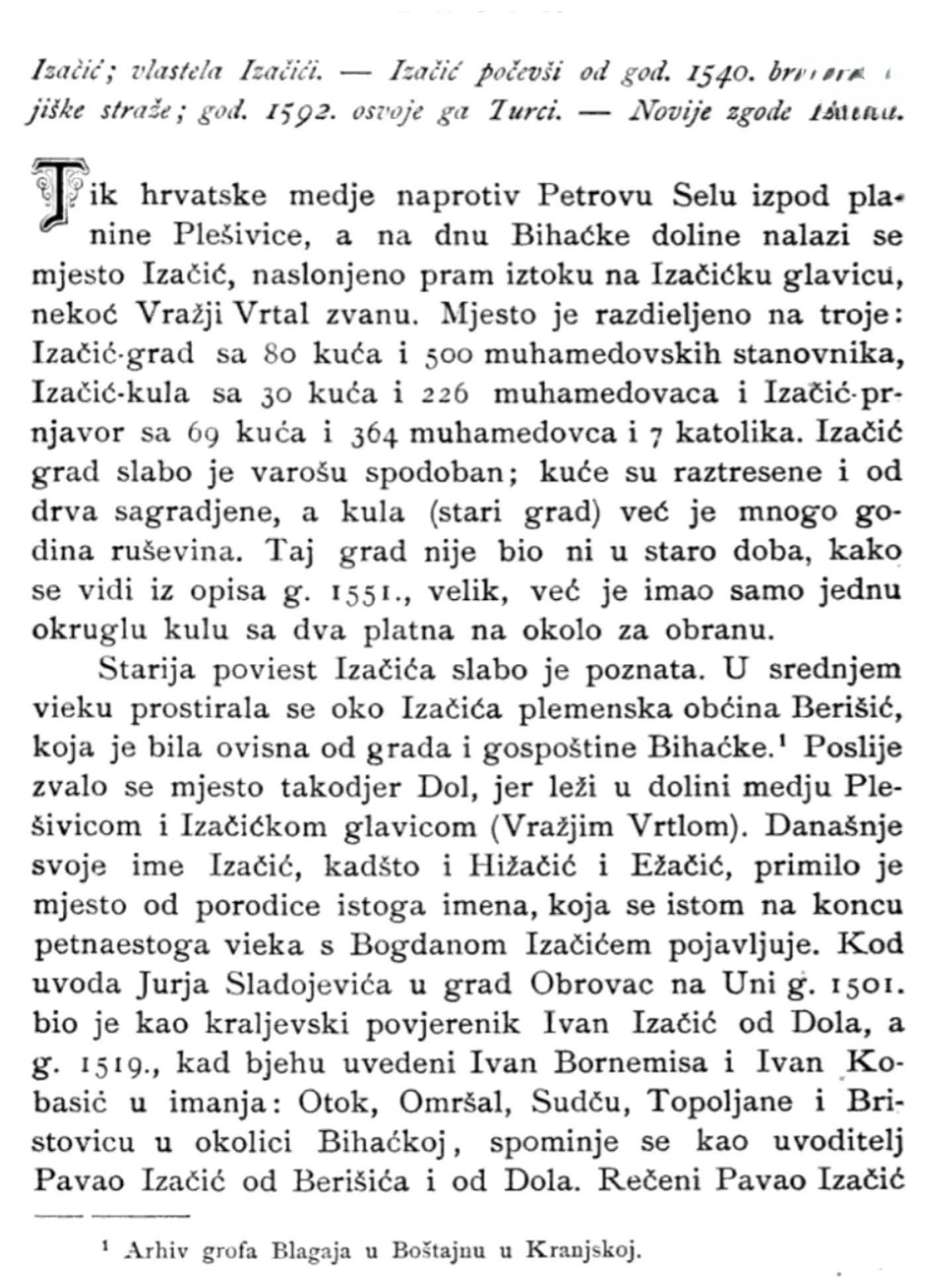 Prva stranica historijskog zapisa o Starom gradu Izačiću
